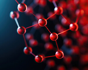 Obraz premium Close-up of a molecular structure showcasing interconnected red spheres on a dark background, symbolizing scientific innovation.