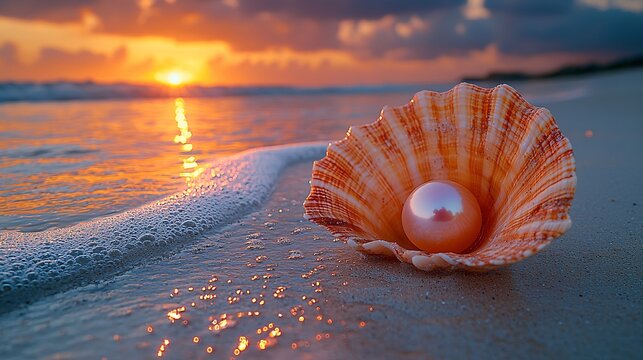 A stunning pearl shell on a sandy beach at dawn