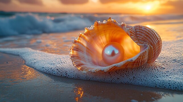 A stunning pearl shell on a sandy beach at dawn
