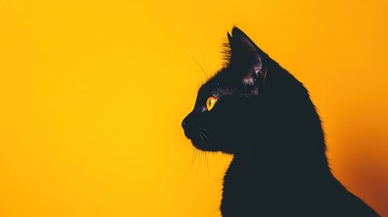 A profile of a black cat against a vibrant yellow background.