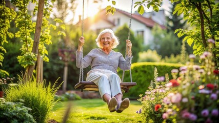 Joyful elderly woman sitting on a swing in a lush green garden, smiling and relaxed