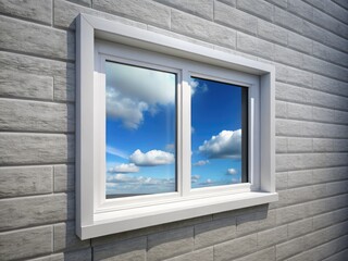 Modern white PVC window with clean lines and minimalist design, installed in a sleek grey exterior wall, reflecting a soft blue sky with fluffy white clouds.