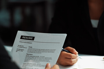 Human resources department manager reads CV resume document of an employee candidate at interview room. Job application, recruit and labor hiring concept. uds