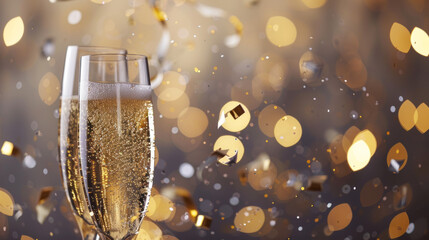 Sparkling Champagne: A sophisticated backdrop with flutes of champagne, sparkling bubbles, and a hint of gold and silver confetti, perfect for a New Year's celebration.