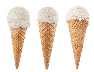 Vanilla ice cream scoop with cone isolated on white background
