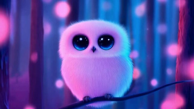 A white owlet with big eyes sits on a branch in the forest