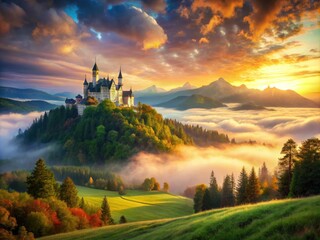 Naklejka premium Mystical Landscape Featuring Vibrant Skies, Verdant Meadows, And Ethereal Castles Amidst Swirling Mists.