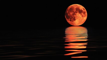 A large orange moon reflecting on dark water, creating a serene and tranquil atmosphere.