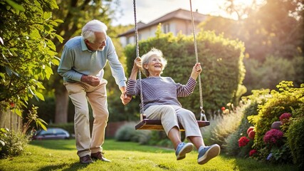 Joyful elderly couple man and woman sitting on a swing in a lush green garden, smiling and relaxed