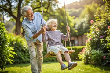 Fototapeta premium Joyful elderly couple man and woman sitting on a swing in a lush green garden, smiling and relaxed
