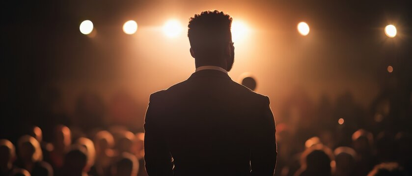 Inspiring African American public speaker delivering a powerful message on stage with dramatic lighting and a captivated audience in the background