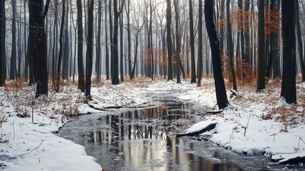 Snowy forest floor first melt icy streams forming beneath trees winter end captured in delicate thawing snow