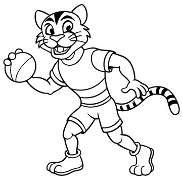 recommend clip art: a cartoon tiger wearing sportswear throwing an american football, vector illustration line art