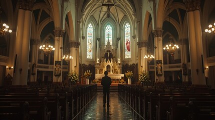 Fototapeta premium Pope praying in a cathedral chapel a moment of reflection in the catholic church