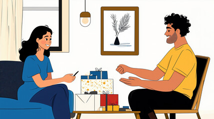 Cozy indoor Christmas gift exchange between two friends