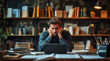 Man feels frustrated working at a messy desk in the evening