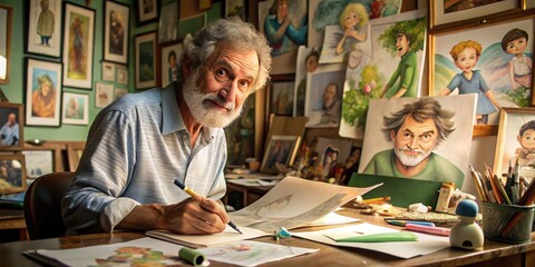 portrait of a visionary artist surrounded by sketches and papers, credited with creating beloved animated characters that brought joy to generations of children.