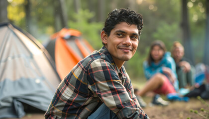 A man sitting in front of a group of people in the woods