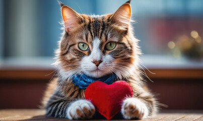 A tabby cat wearing a blue bow tie holds a red heart in its paws, looking directly at the camera