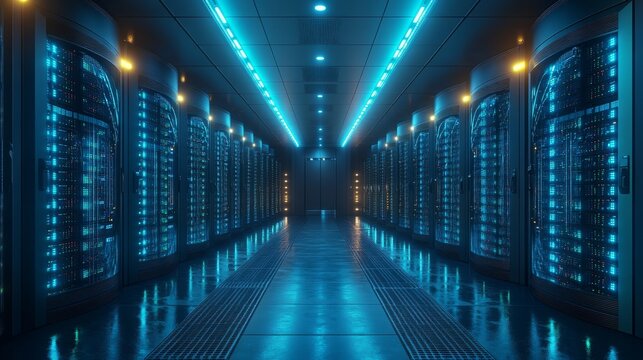 A secure server room filled with rows of blinking servers under bright blue lighting