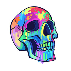 Multicolored human skull splattered with paint