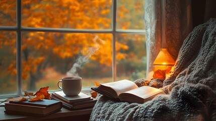 A warm, cozy autumn setup featuring an open book, steaming mug, and blanket, with vibrant fall foliage seen through the window.