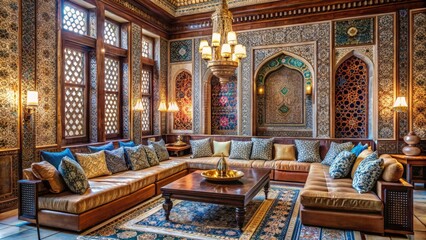 Fototapeta premium Richly patterned Arabesque tiles, plush cushions, and intricately carved wooden accents create a regal, opulent ambiance in this lavish Arabic majlis interior design setting.