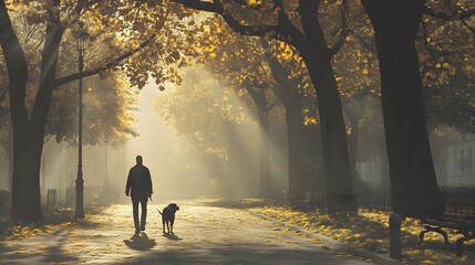 Fototapeta premium A solitary man walks his dog through a peaceful, misty park on an autumn morning, with golden leaves and soft sunlight filtering through.