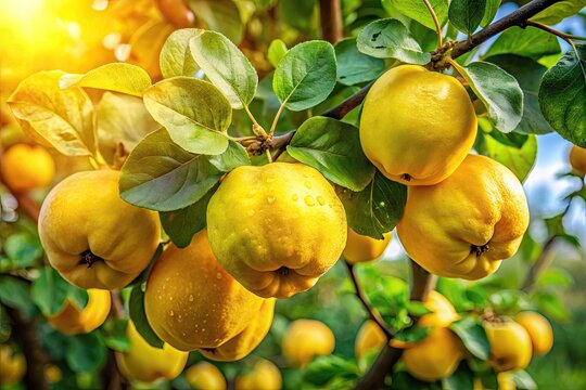 Ripe caqui fruits hang from tree branches, their yellow-orange skin glistening with dew, surrounded by lush green leaves in a serene natural setting.