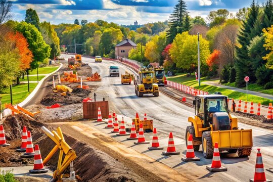 Road Construction Site On Flaugherty Run Road, Featuring Heavy Machinery, Road Signs, And Detours In The Suburbs.