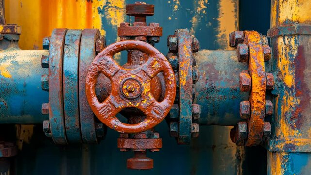 Rusty valve on industrial pipe with blue and orange paint in an urban setting showcasing time-worn textures and colors
