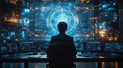 A cybersecurity professional presents data insights in a high-tech office setting during the day