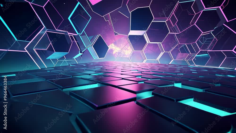 Poster futuristic 3d geometric shape background, virtual environment filled with holographic, pulsating geo