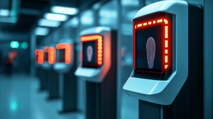 Obraz premium Biometric terminal at a futuristic workplace entrance, scanning employees' fingerprints, smart workplace, biometric access
