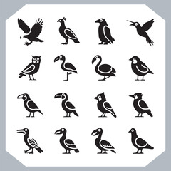 Set of black bird silhouettes and birds collection, bird set design. Eagle, Parrot, Penguin, Owl, Sparrow, Peacock, Flamingo, Hummingbird, Ostrich, Hawk.