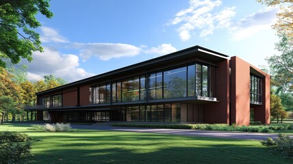 Modern Brick and Glass Building with Green Landscaping