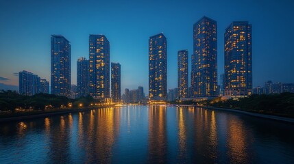 Naklejka premium Serene night view of a city skyline reflecting in calm water under the twilight sky