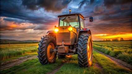 Fototapeta premium Rusty farm tractor with bright yellow safety lights attached to the rear, standing alone in a rural field at dusk, conveying a sense of caution and vigilance.