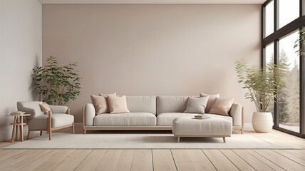 Minimalist modern living room background, scandinavian style, 3d rendering, empty white wall with blank white frame,