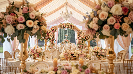 Fototapeta premium Grand wedding decoration in the country manor, floral decor and event celebration, flowers, wedding aisle and tablescape in the garden, English countryside style idea