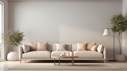 Minimalist modern living room background, scandinavian style, 3d rendering, empty white wall with blank white frame,