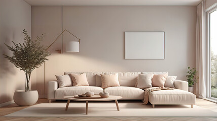 Minimalist modern living room background, scandinavian style, 3d rendering, empty white wall with blank white frame,
