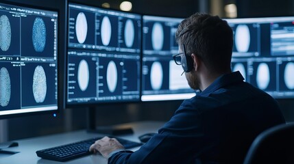 Cybersecurity expert monitoring fingerprint data breaches on multiple monitors, cyber defense, digital vigilance