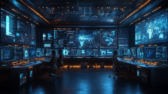 Cybersecurity analysts monitor operations in a high-tech command center at night
