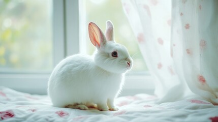 Obraz premium White rabbit by the window