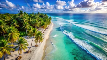 Serene aerial perspective of a sun-kissed beach, turquoise waves gently lapping at the pristine shoreline lined with swaying palm trees and powdery white sand.