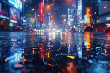 Vibrant night rain reflecting city lights in busy urban street