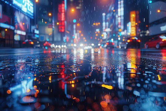 Fototapeta Vibrant night rain reflecting city lights in busy urban street