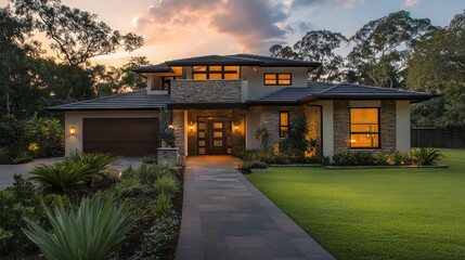 Obraz premium Modern Stone House with Landscaped Garden and Evening Lighting