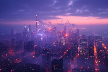 Fototapeta premium A vibrant city skyline at dusk, illuminated by colorful lights and shrouded in mist, showcasing the beauty of urban life